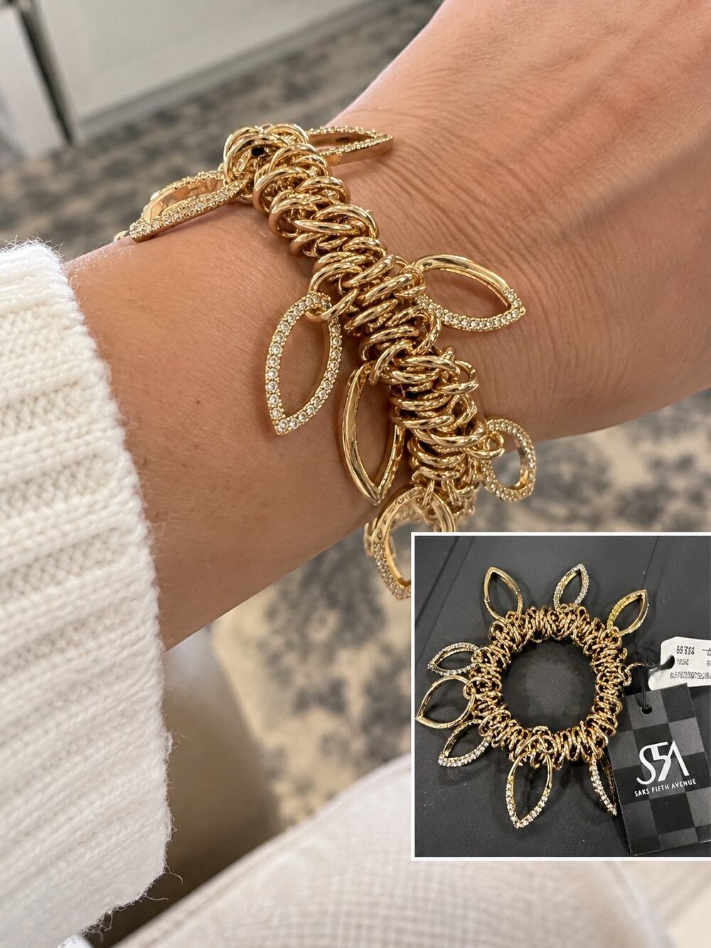 Saks Fifth Avenue Gold CZ Dangle Charm stretch statement Bracelet NWT Sparkle
